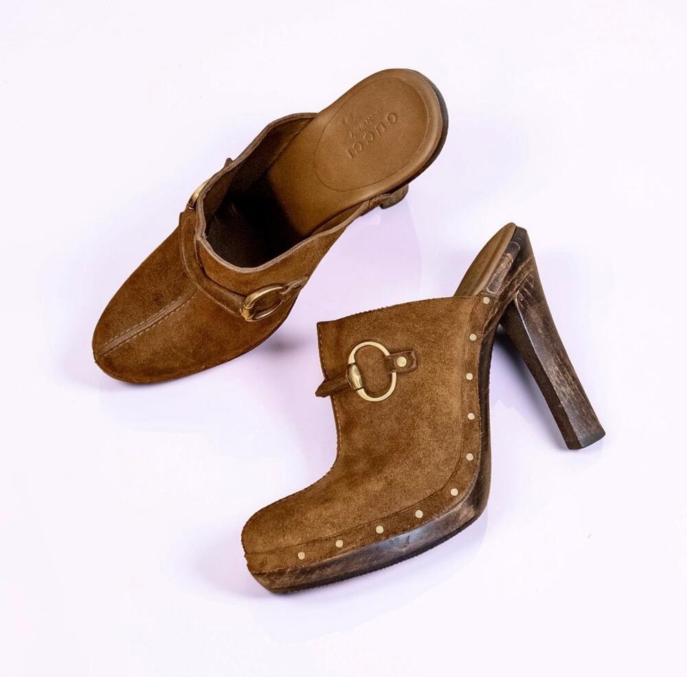 Y2K Gucci Brown Suede Horsebit Platform Mule Clogs Heels Size 6.5 Made in Italy